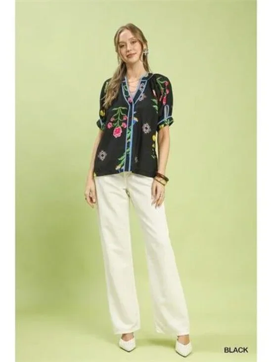 Umgee Botanical Print Contrast Trim Button Blouse - Picture 5 of 5